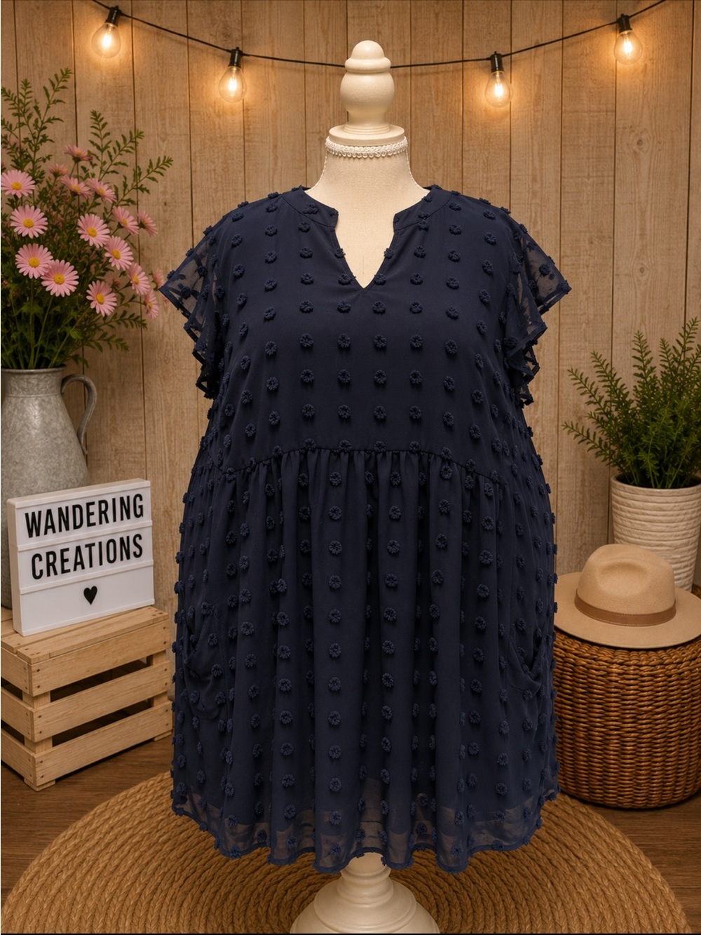 Textured Navy Mini Babydoll Dress